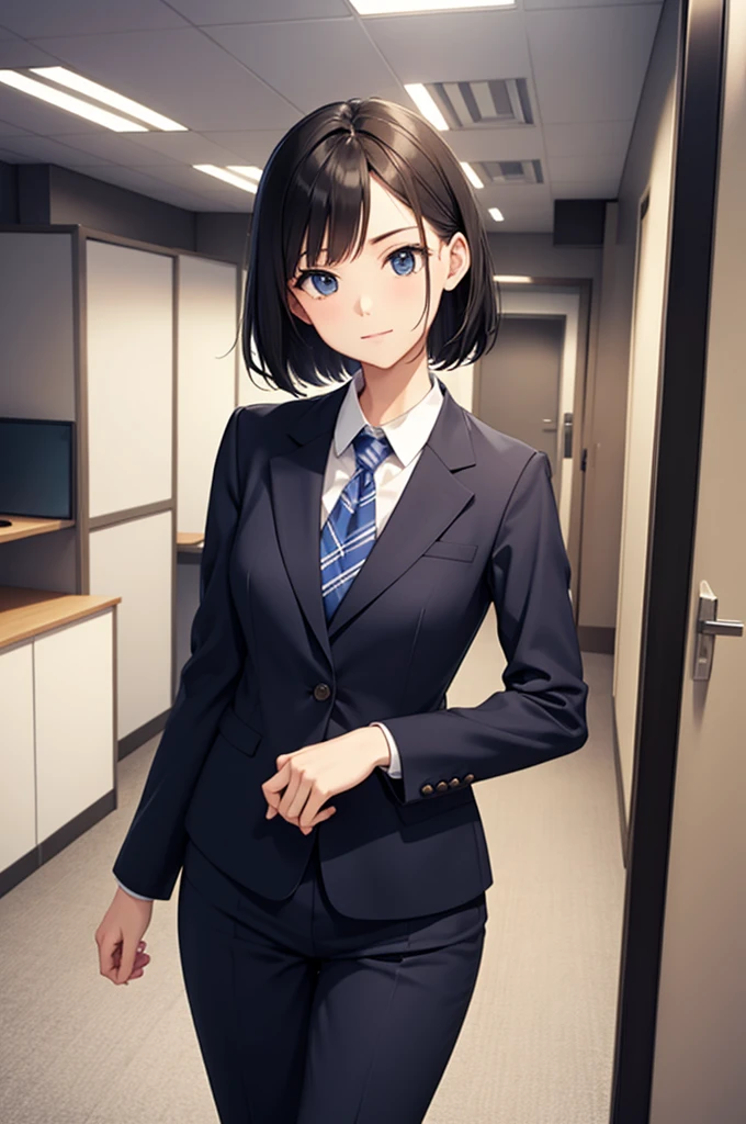 1girl,hair with bangs,blue suit, white shirt inside, orange background