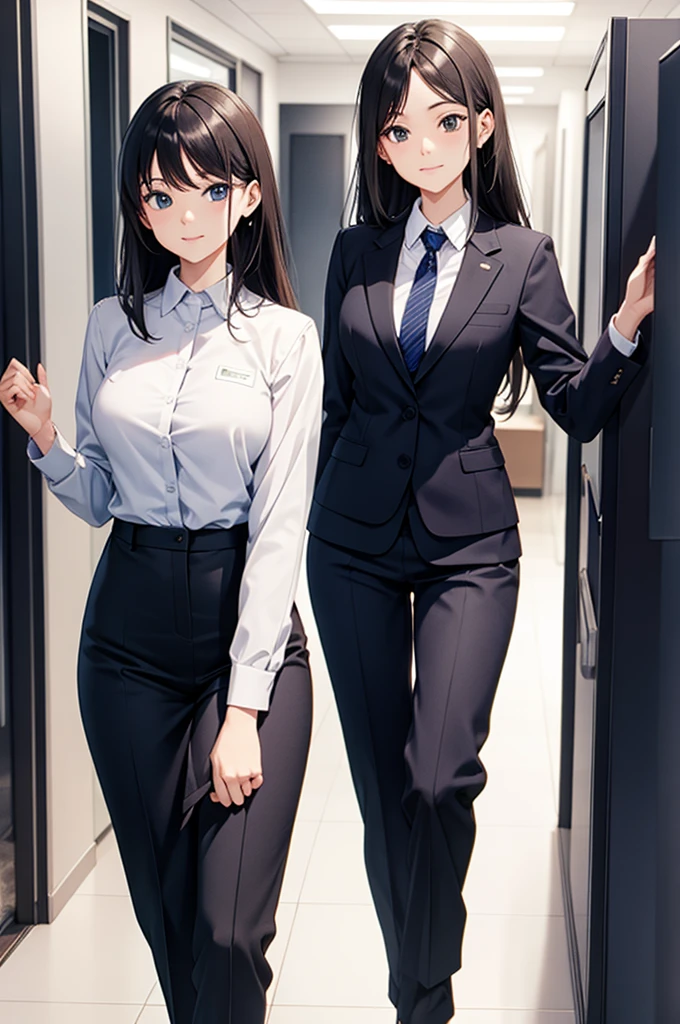 One super beautiful woman、((highest quality、8K masterpiece:1.3))、sharp focus:1.2、(super beautiful face:1.0)、(shiny skin:1.0)、realistic pictures、black hair、video writing、High resolution eyes and face、The front side of the middle breasts of Japanese idol actresses、shy smile、The beauty of slender abs、whole body、wearing a suit、(wearing a shirt)、At work