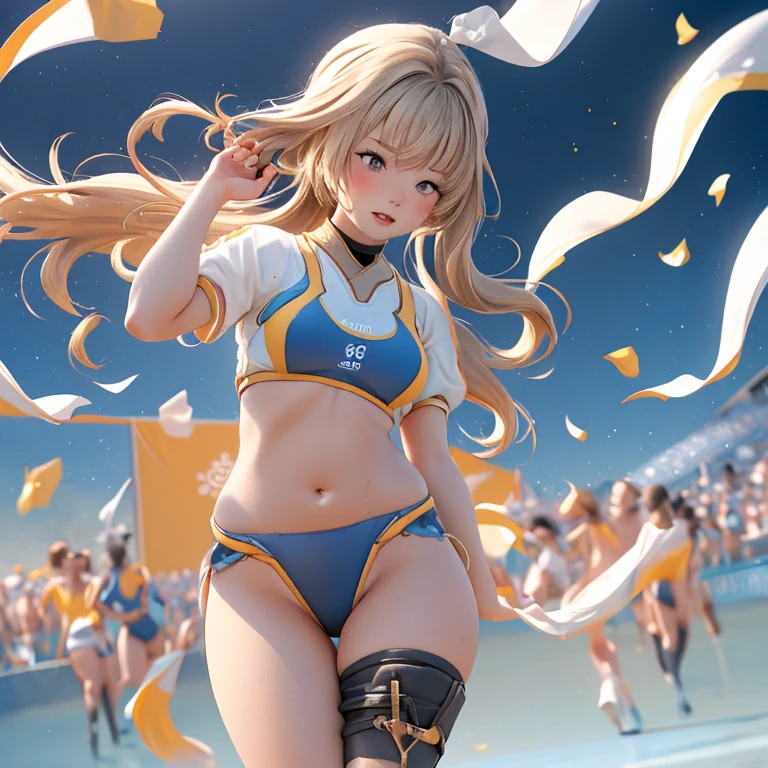 Female Olympian,(((Athlete uniforms), (Shinyコスチューム))), belly button, skindentation, skinny, Alone, 1 female, masterpiece, Please redeem, Please redeem, 16k, Very absurd, Very detailed, 2.5D, AI-generated, Delicate and dynamic, Very delicate facial expression, Delicate eye depiction, Erotic, only sexy woman, ((A cute and kind face)), Healthy body shape, ((2. Women)), Height: 160cm, Medium firmness and swaying bust, , sweat,So embarrassing,sexy, ((Thin thighs)), (Camel Toe:0.7), (Visible nipples:0.3), (Erect nipples,:0.7), Shiny, Front facing, (((Heat stroke))), ((Oily_skin)), ((Dutch Angle)), ((Erotic pose)), ((Wankeen)), Stadiums and Olympic venues on a sunny day,