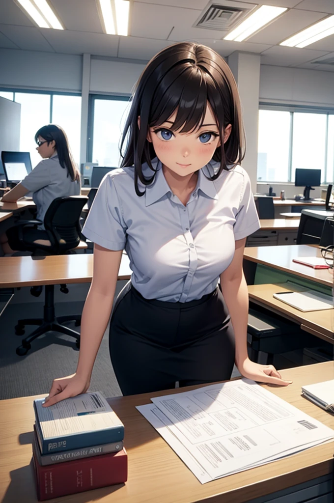1lady solo, sitting, (from above), office worker, ((blue vest) over white dress shirt), mature female, /(dark brown hair/), kind smile, (masterpiece best quality:1.2) delicate illustration ultra-detailed, large breasts,bowtie BREAK (modern office) indoors, (reception desk), entrance, detailed background