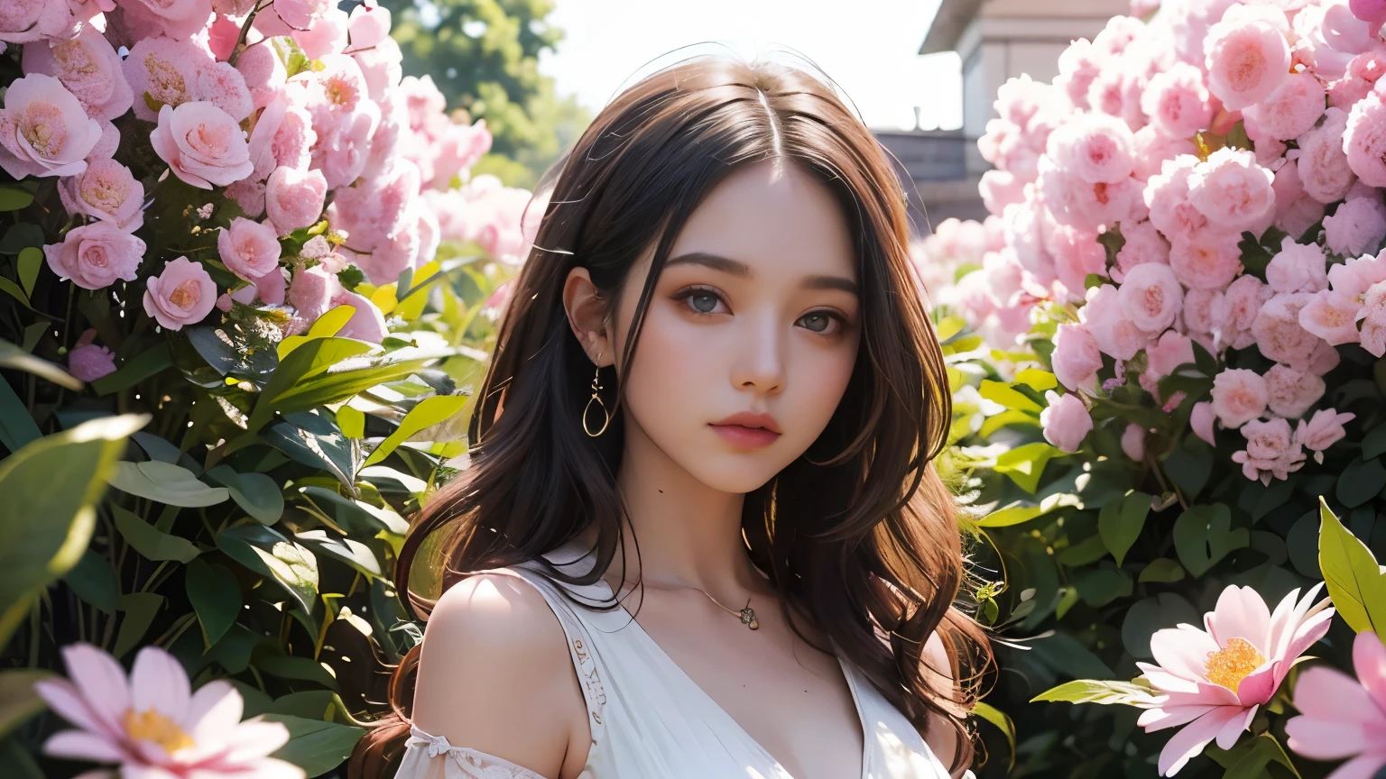 A close up of a woman in a white dress standing in front of flowers ...