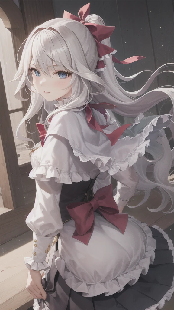 masterpiece, best quality, Liselotte Cretia, long hair, Blues Eyes, Blues hair, frills, bow, red bow, hair ribbon, capelet, pleated skirt, shirt 