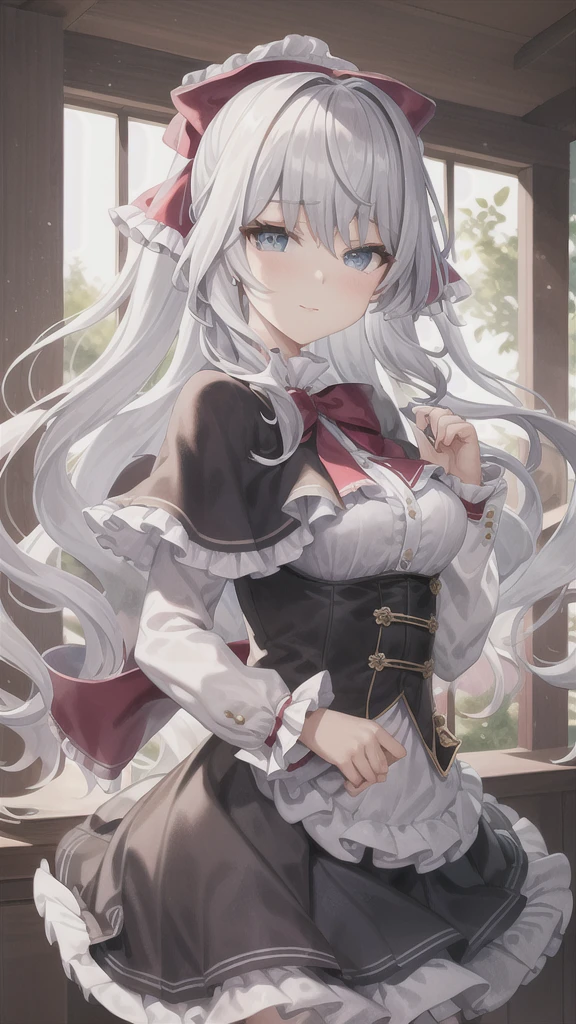 masterpiece, best quality, Liselotte Cretia, long hair, Blues Eyes, Blues hair, frills, bow, red bow, hair ribbon, capelet, pleated skirt, shirt 