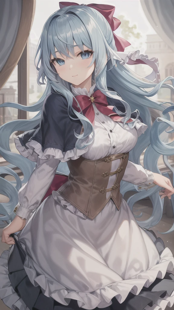 masterpiece, best quality, Liselotte Cretia, long hair, wavy hair, blue eyes, blue hair, frills, bow, red bow, hair ribbon, capelet, pleated skirt, shirt 