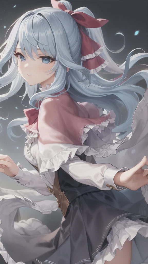 masterpiece, best quality, Liselotte Cretia, long hair, wavy hair, blue eyes, blue hair, frills, bow, red bow, hair ribbon, capelet, pleated skirt, shirt 