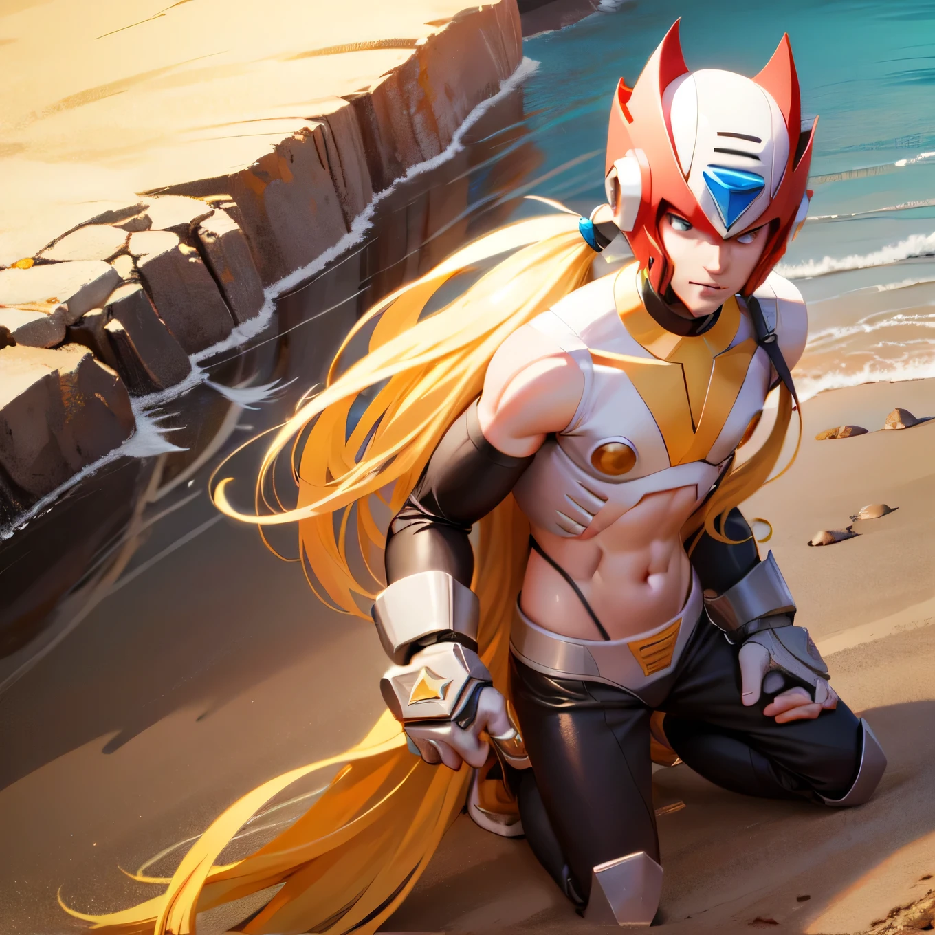 (anime style),(pretty and clearly image,masterpiece,cg,best quality,highres, extremely beautiful and delicate,good anatomy:1.3 ),(detailed eyes),perfect face,powerful,manly,strong will,determination,1boy,zero_megamanx, blue eyes, blonde hair, ponytail, very long hair, helmet, android, male focus, full body, naked , naked stomach,naked chest, muscules detailed, facing viewer, holding beam_saber,dynamic pose, Beach, background Beach, 