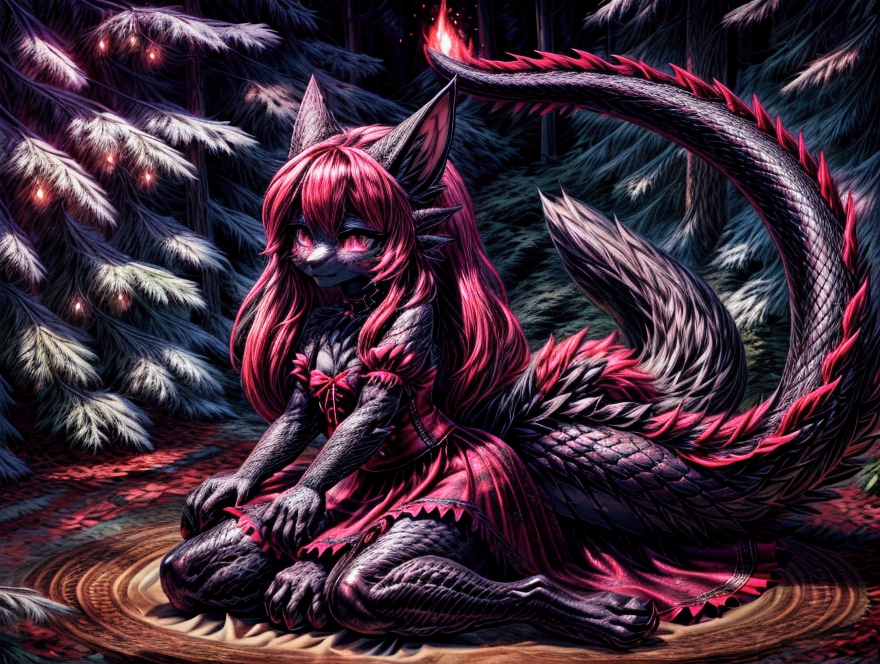 ((((full body)))),  dragon neko girl wearing red and black and pink ****ta dress, her skin is dark color dragon scales, she has long fluffy cat tails, she has point cat ears, beautiful cymophane eyes