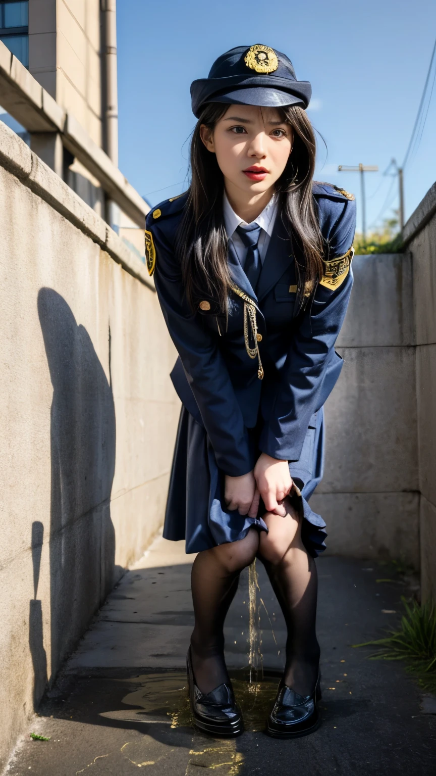 (best quality, masterpiece), (realistic, photo-realistic), high resolution, intricate details, extremely detailed, cinematic lighting, full body, looking at viewer, solo, gal gadot, a Japanese female police officer, standing, huge breasts, pale skin, (detailed face, detailed eyes, sophisticated nose), (wearing a japanese police uniform, limited cap, jacket,  shirt, tie, skirt, pantyhose, leather shoes, police badge, uniform patch, epaulettes), (peeing self, urinate a lot, shiny urine, urination:1.5), (pee puddle, pee stain, pee running down her legs:1.2), desperate face, photo background, outdoors, cityscape, 