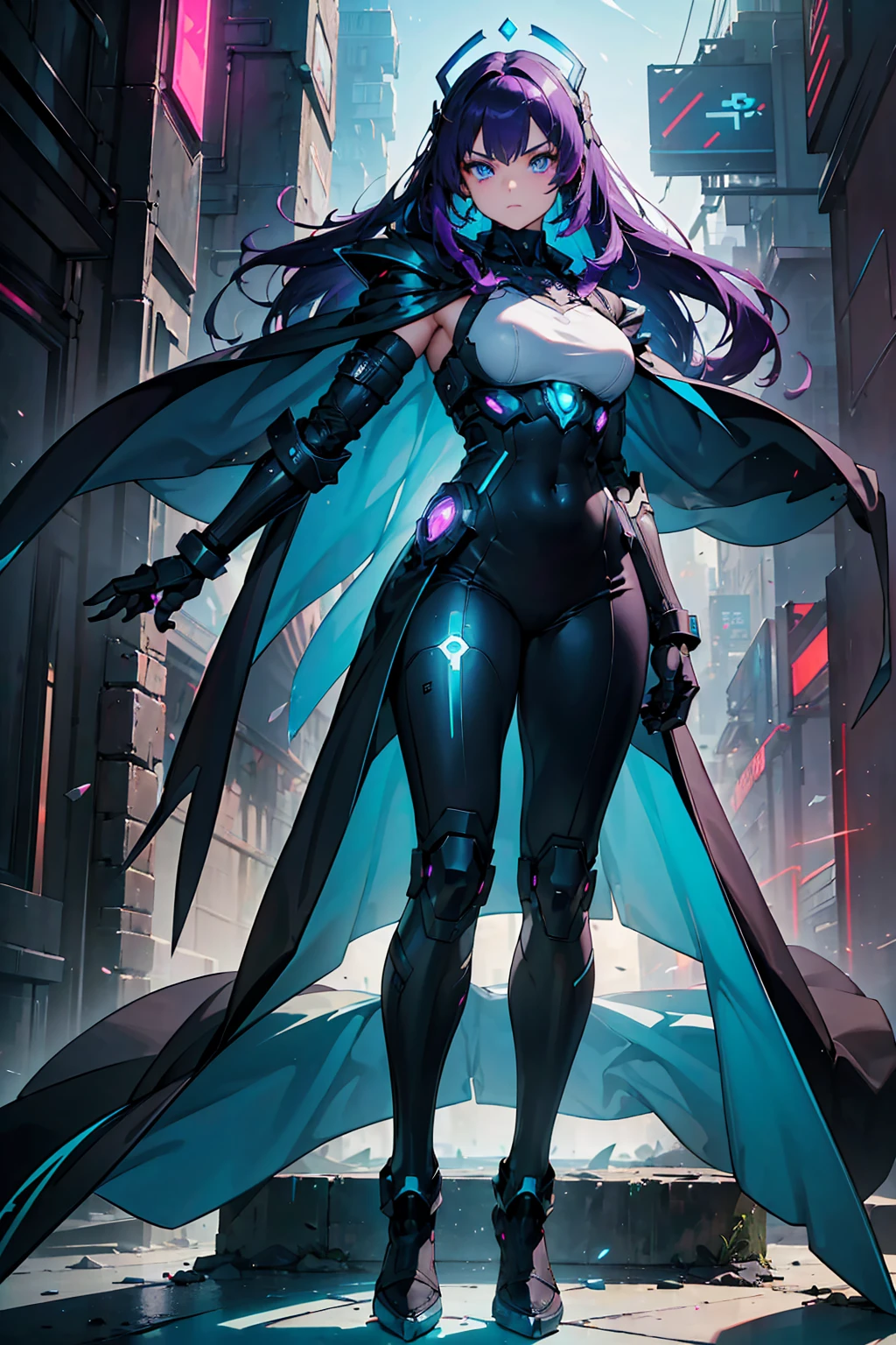 A giantess stands amidst a futuristic cityscape, her sleek silver jumpsuit reflecting the neon lights around her. Her towering figure looms over the tiny inhabitants who scramble in fear below. She playfully crushes a tiny car under her heel, her expression one of delight and amusement.

