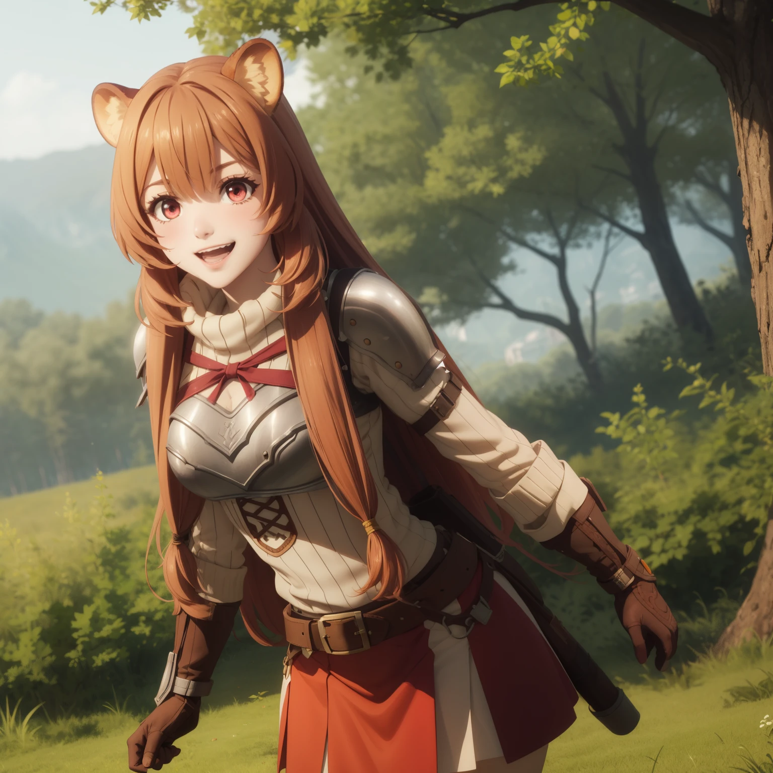 score_9, score_8_above, score_7_above, source_animated, raphtalia, raphtalia, long hair, blows, orange hair, animal ears, raccoon ears, raccoon tail, raccoon girl, big breasts, red eyes, smile, mangas largas, sweater, ribbed sweater, swollen breasts, breastplate, Love, red Love, the junker, glove, brown gloves, belt, skirt, armor, Outdoors, forest, NATURE, silver looking at the viewer, COWBOY SHOT, dutch angle, dynamic pose,