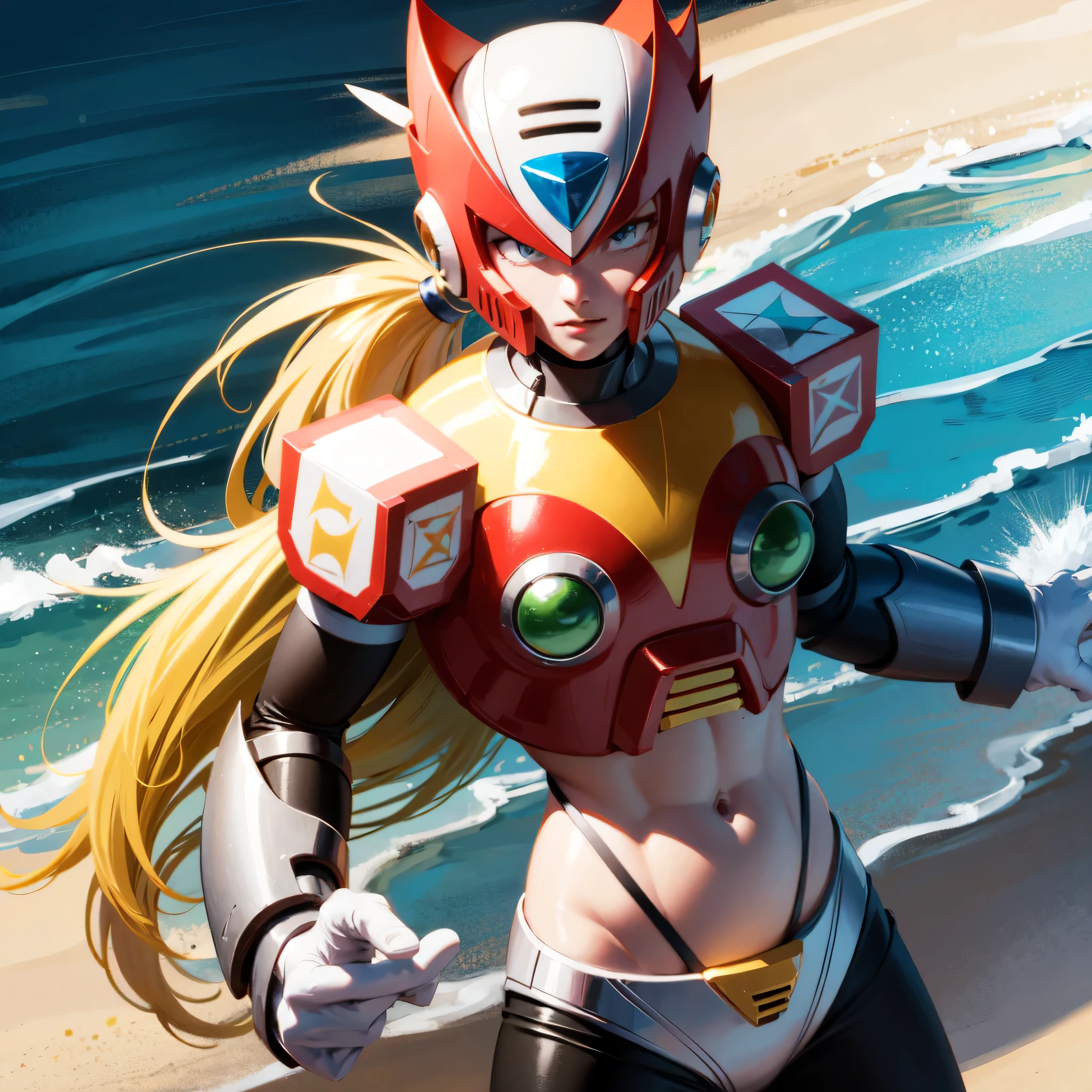 (anime style),(pretty and clearly image,masterpiece,cg,best quality,highres, extremely beautiful and delicate,good anatomy:1.3 ),(detailed eyes),perfect face,powerful,man ,strong will,determination,1boy,zero_megamanx, blue eyes, blonde hair, ponytail, very long hair, helmet, android, male focus, full body, naked , naked stomach,naked chest, muscules detailed, facing viewer, holding beam_saber,dynamic pose, Beach, background Beach, 