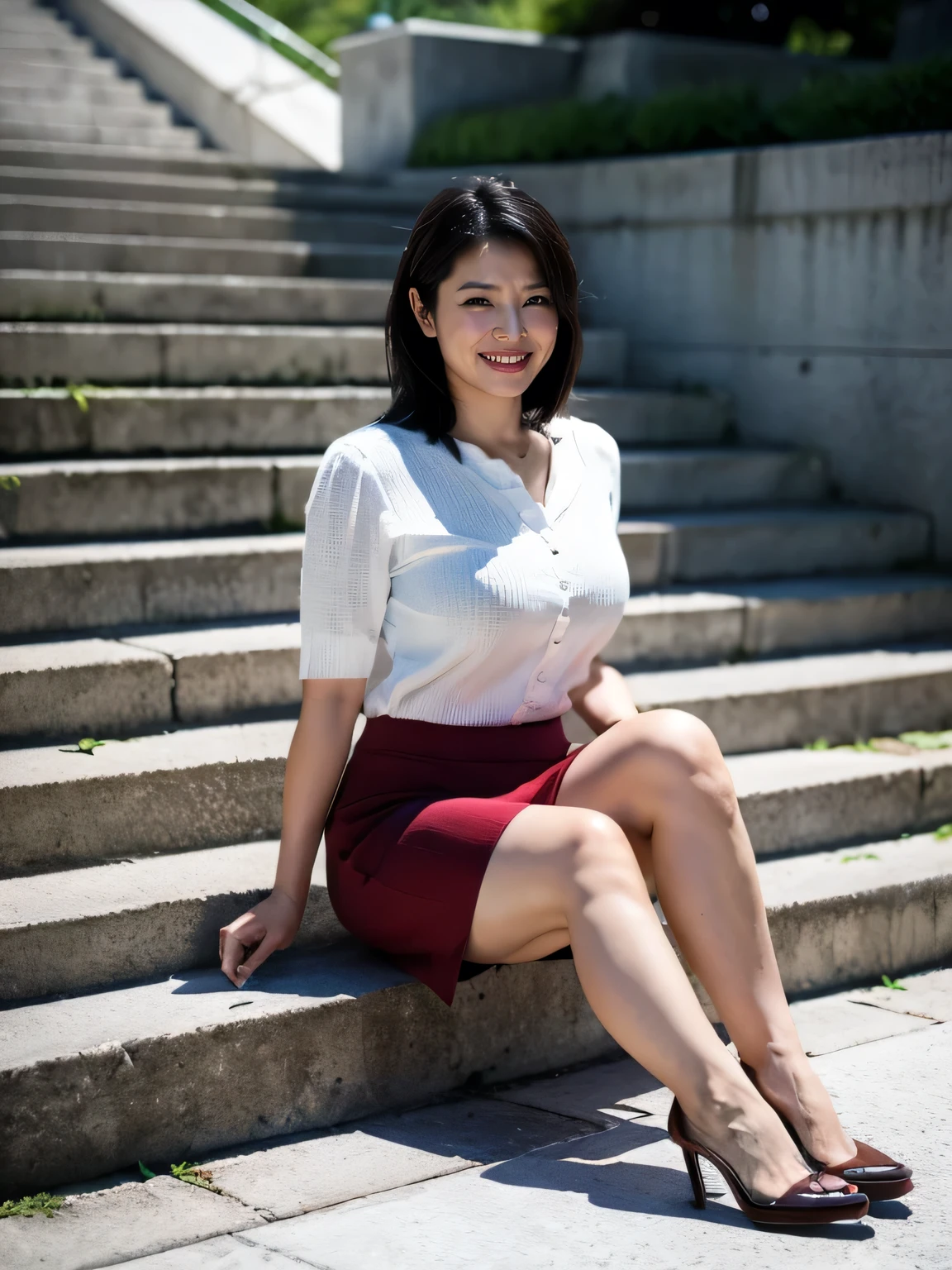 Best Quality、8k、masterpiece、Realistic, Sharp focus, High resolution, High resolution, One girl, Alone, Japanese, Beautiful woman,((Sitting on concrete steps)),Short-sleeved knit with exposed chest, mini skirt、High heels、Attractive body,Photograph the whole body,smile,