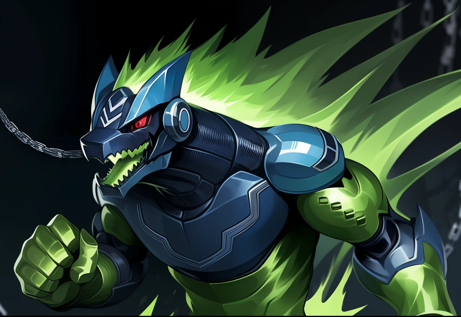 "A male Anthro with a green body, wearing a robot armor and a chain, has red eyes and green hair. The body is covered with reptilian scales. His mouth shows sharp teeth. The robot armor is detailed and consists of intricate mechanical parts. The artwork should have the best quality, be ultra-detailed, and realistic. The color palette should emphasize vivid greens and vibrant hues. The lighting should be dramatic, casting dynamic shadows and highlights on the character. The background should be minimalistic, with no distracting elements, focusing the attention on the character. The figure should be in a powerful and dynamic pose, with the right hand clenched in a restrictive punch."

clew: "A male Anthro with a green body，Wearing robot armor and chain rings，Has red eyes and green hair。Body covered with reptilian scales。His mouth shows sharp teeth。Robot armor is rich in detail，and consists of complex mechanical parts。Artwork should be of the best quality，super detailing，And realistic。The color palette should emphasize bright greens and vibrant tones。Light should be dramatic，Cast dynamic shadows and highlights on characters。Background should be simple，No distracting elements，Focus on the character。Character poses should be powerful and dynamic，Make a restrictive fist with your right hand。"