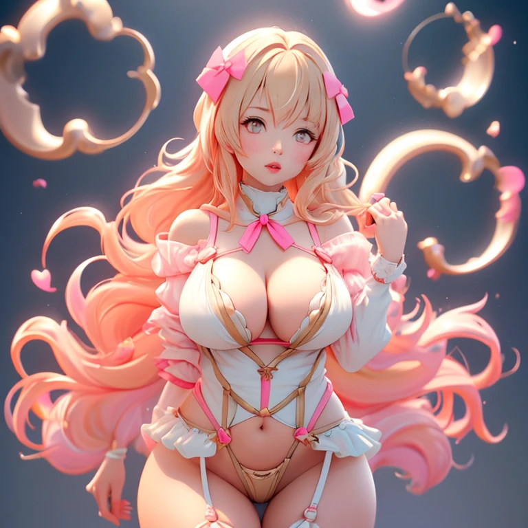 (Please redeem,ultra-detailed,masterpiece:1.2),Expressive eyes,Perfect Face,Beautiful Madoka Kaname,Pink long hair,golden eyes,Pink Lips,detailed,Anime Style,Vibrant colors,cute,Curvaceous and full,,　Big Blonde　(((Sexy pose))), Accentuate your breasts, Tops、Get your gun ready?