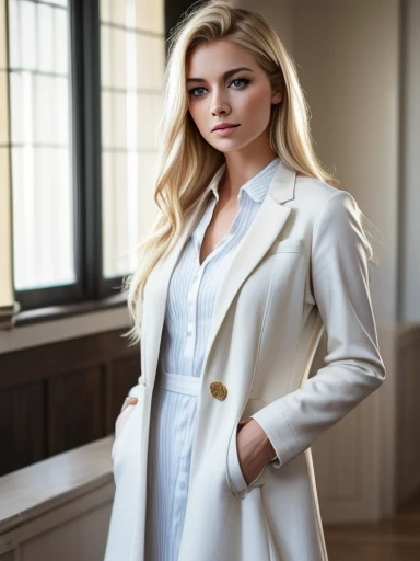 Beautiful twenty-two year old woman, blonde, light hair, blue eyes, wearing a white dress shirt, jeans and an overcoat 