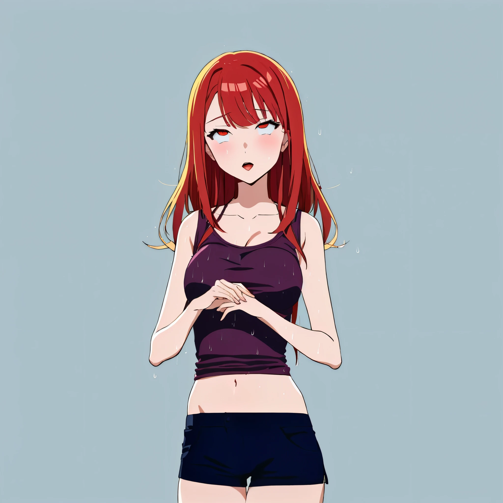 score_9, score_8_up, score_7_up, source_anime, tayuya, red hair, long hair, brown eyes, cleavage, collarbone, tank top, black tank top, sleeveless, bare shoulders, bare arms, 1girl, solo, anime screencap, frontlighting, simple background, black background, dark background, soft light, shiny skin, shiny hair, looking at viewer, eye contact with viewer, evil smile, closed mouth, arms up, raised arms, armpits, in the center, symmetrical, upright,
