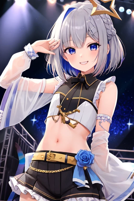 (Best Quality, masterpiece), One girl, smile,stage,Idol,blue eyes, Purple eyes, Grey Hair, Blue Hair, [Colored stripes々Hair, One eye is covered by hair, Colored inner hair, 一本Hairの吸い込み, bangs, Short Hair　Kanatadef,