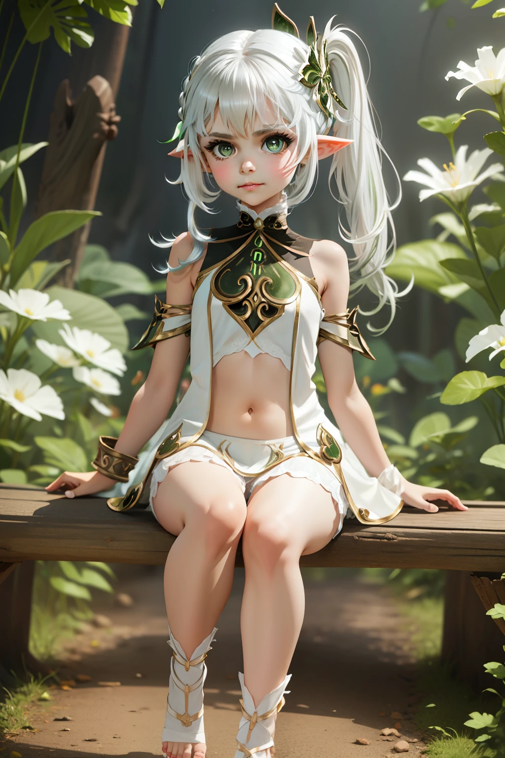 Mantis X, Nahida ,silver hair, side ponytail, green eyes, white frilled bloomers, pointy ears, white dress, hair ornament, (open toe foot), 1girl, l0li, 10yearsold, childish body, teen, thin, skinny, slim, young face, thin lips, short stature, compact body, petite limbs, broad pelvis, wide hips, thick thighs, huge ass, small chest, midriff, soft cameltoe, plump labia, cunny, cute, smug, (simple background), full body, hands free,