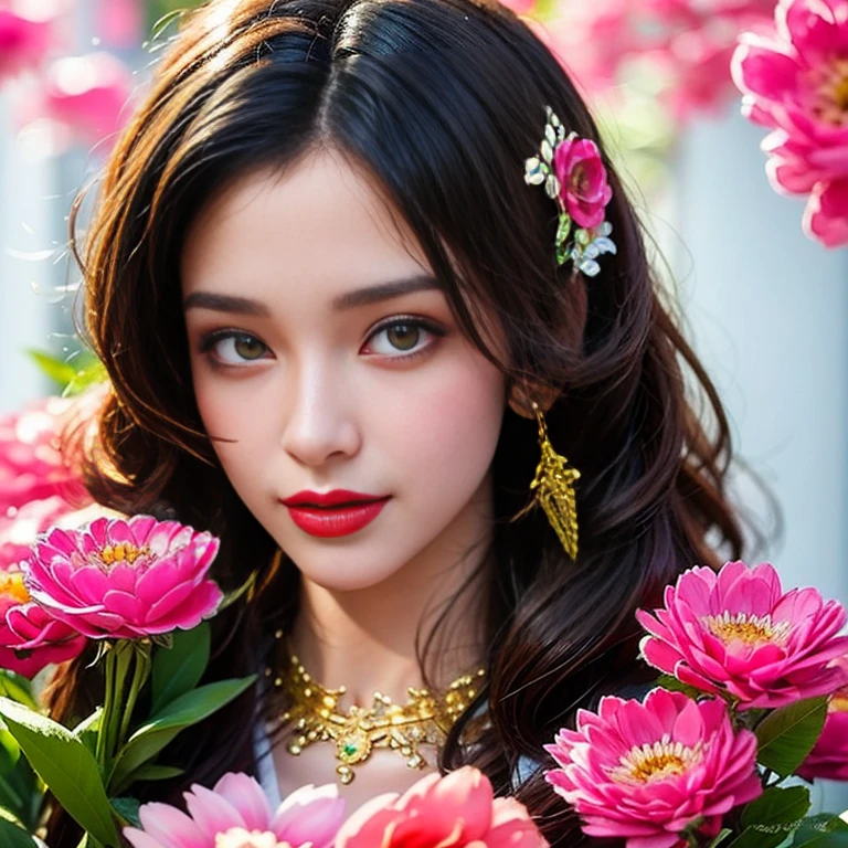 Ultra detailed portrait of a beautiful girl, оранжевый background, disorganized, High resolution, super detailed, very detailed, 1 girl, hair decorated with flowers and gold jewelry , a bouquet of bright - beautiful flowers in hands , confuse , geometrically correct forms , Colorful , pink lipstick,