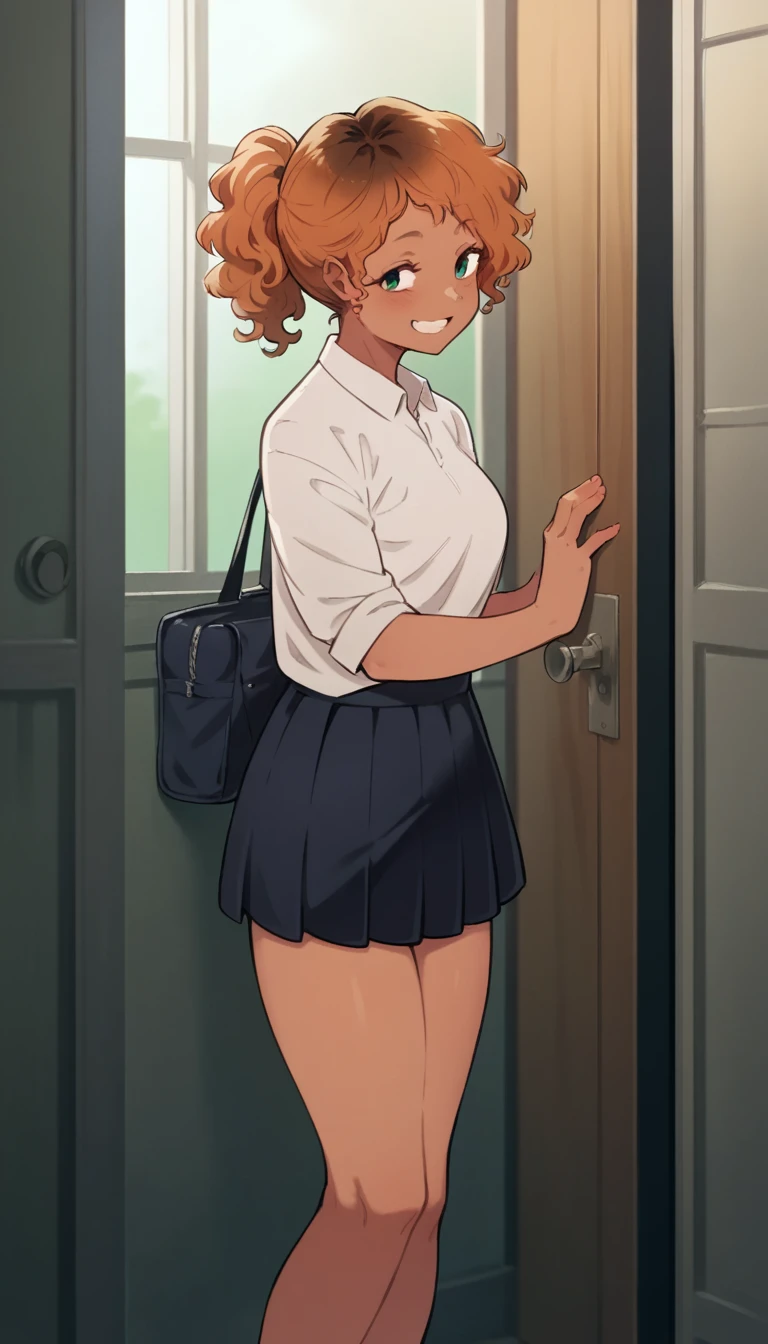 A girl of normal height, tanned girl dressed as a schoolgirl,  Wearing a ponytail, smiling, orange curly hair , trying to throw himself through the door.