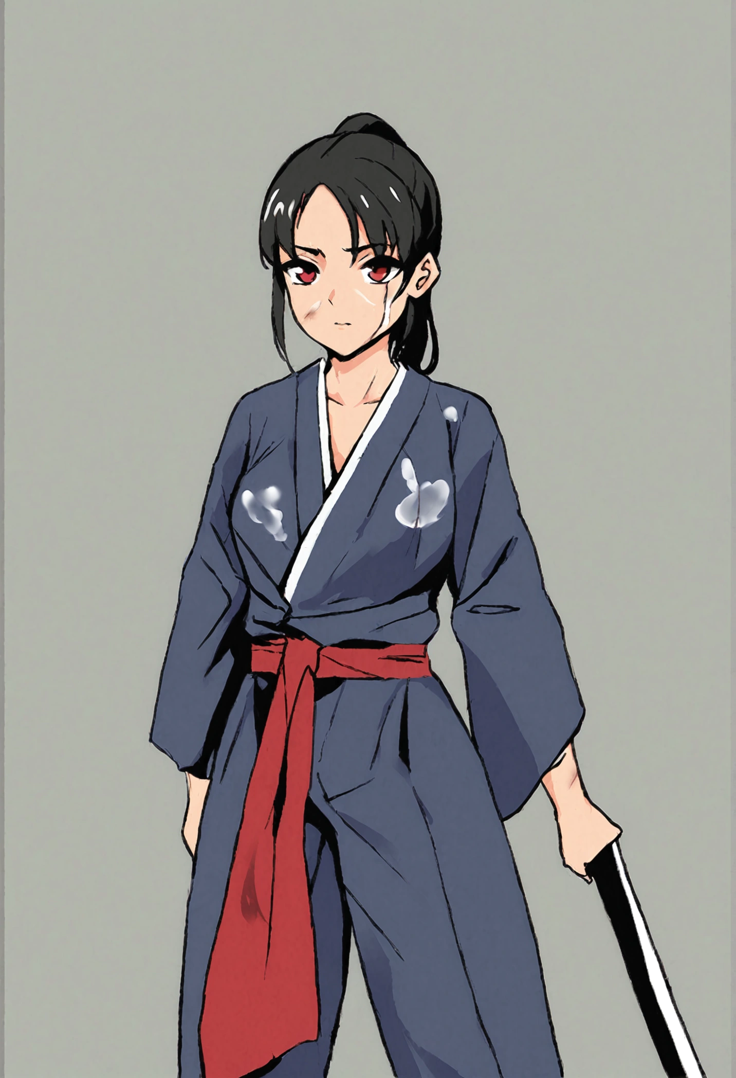 A cold girl with red eyes and black hair tied in a ponytail.no feelings and a murderous look in anime mode with a sword, with the wounded body