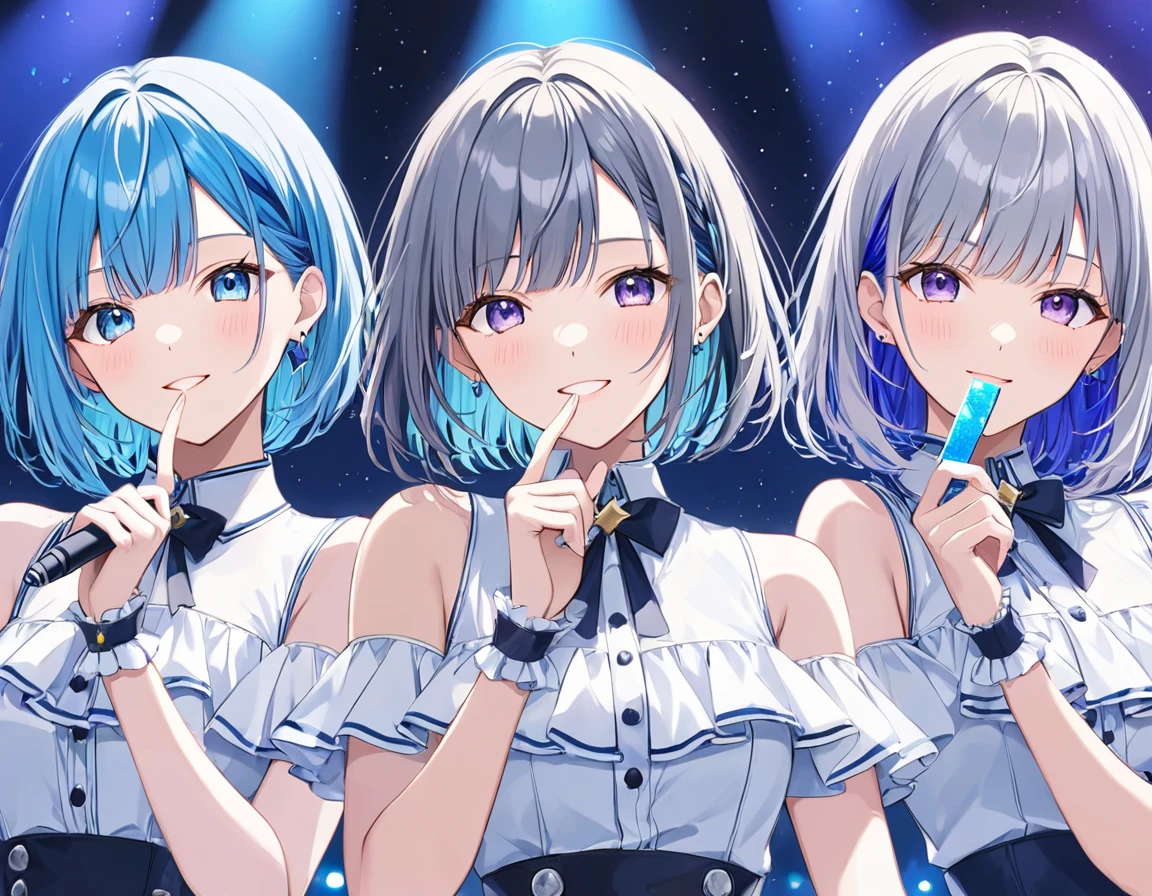 (Best Quality, masterpiece), One girl, smile,stage,Idol,blue eyes, Purple eyes, Grey Hair, Blue Hair, [Colored stripes々Hair, One eye is covered by hair, Colored inner hair, 一本Hairの吸い込み, bangs, Short Hair　Kanatadef,