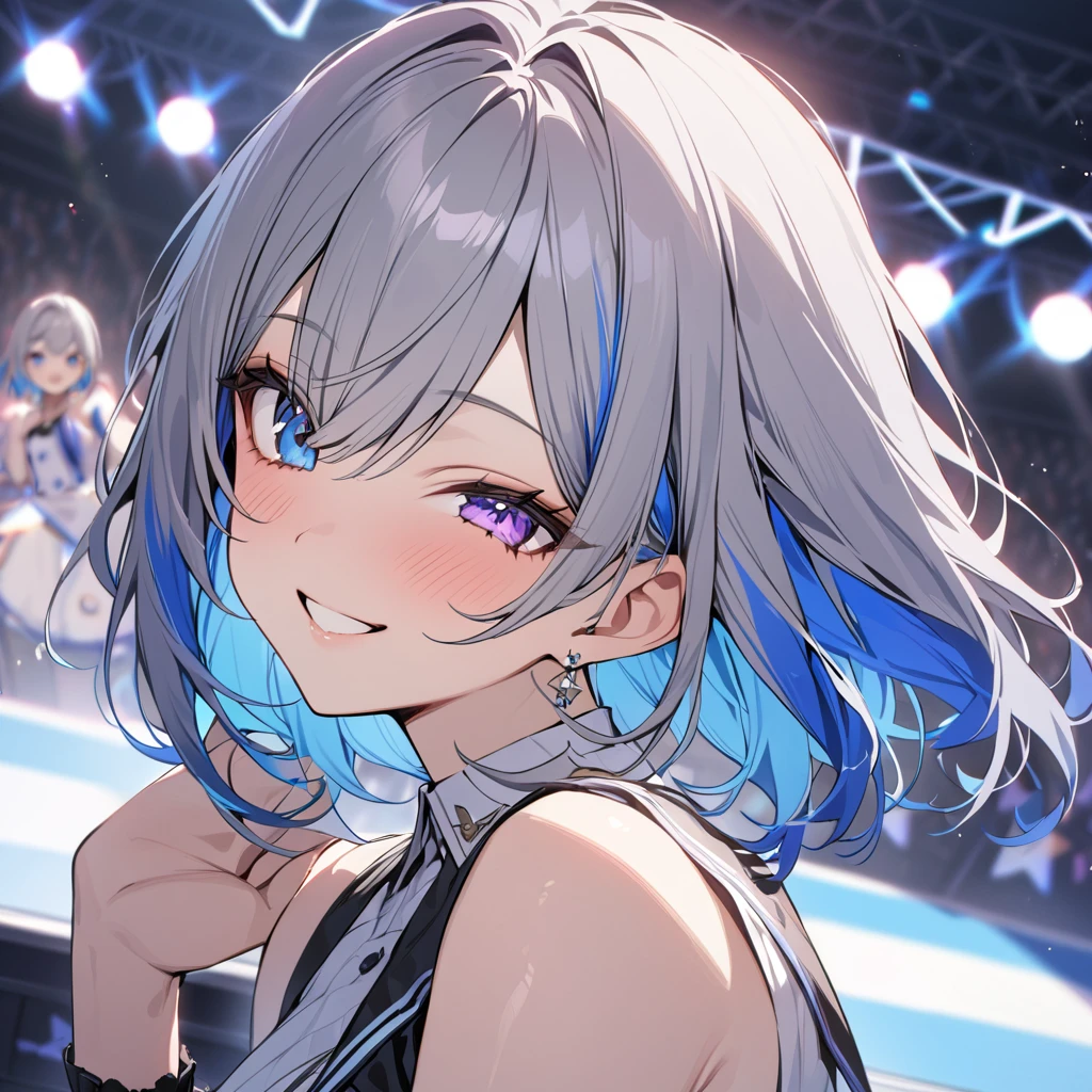 (Best Quality, masterpiece), One girl, smile,stage,Idol,blue eyes, Purple eyes, Grey Hair, Blue Hair, [Colored stripes々Hair, One eye is covered by hair, Colored inner hair, 一本Hairの吸い込み, bangs, Short Hair　Kanatadef,