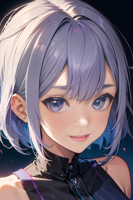 (Best Quality, masterpiece), One girl, smile,stage,Idol,blue eyes, Purple eyes, Grey Hair, Blue Hair, [Colored stripes々Hair, One eye is covered by hair, Colored inner hair, 一本Hairの吸い込み, bangs, Short Hair　Kanatadef,