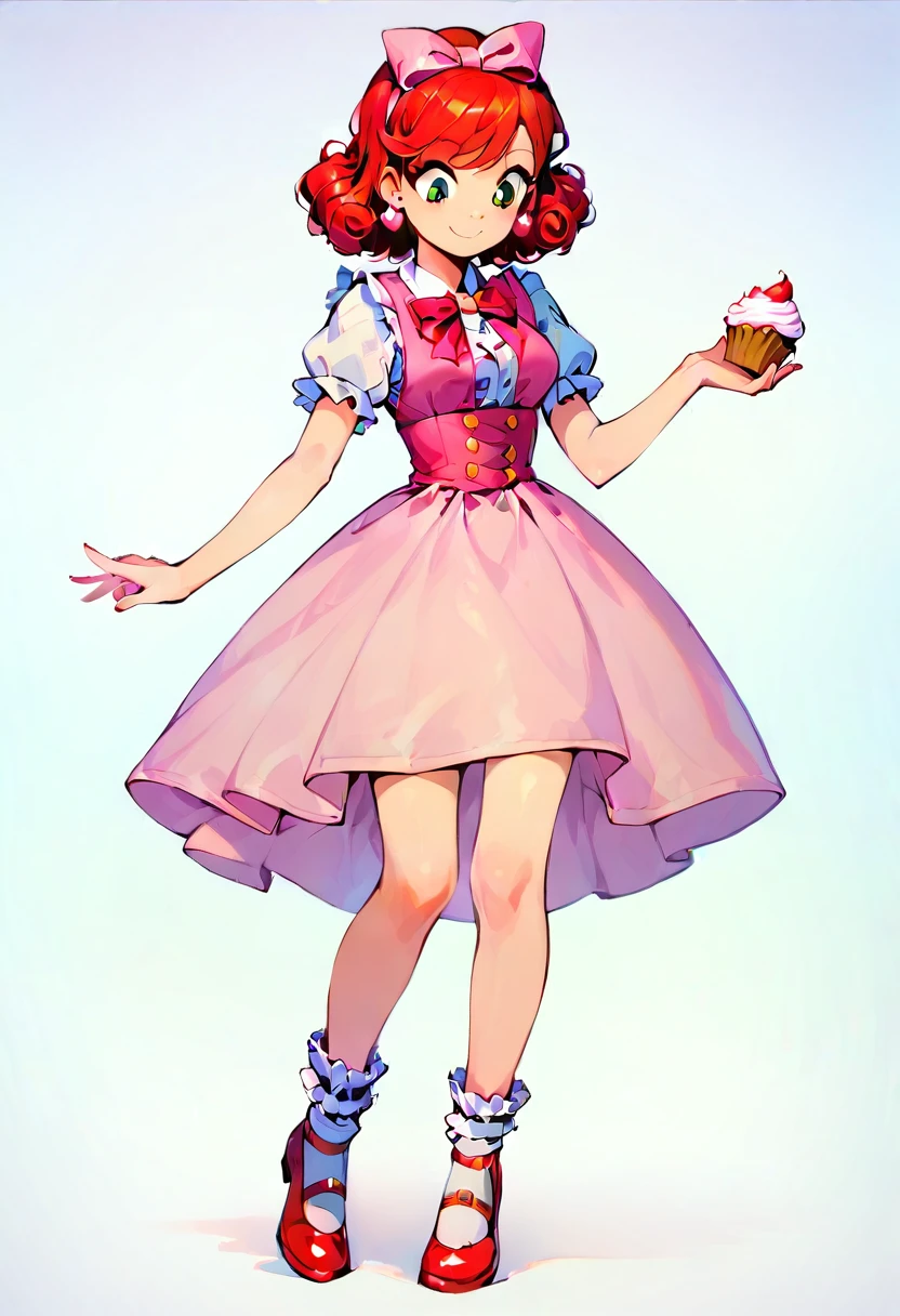 1girl, curly rainbow hair, short hair, looking down, smiling, holding a cupcake, cupcake earrings, puffy red and pink dress, pink frilly socks, red Mary jane shoes,  cupcake on head