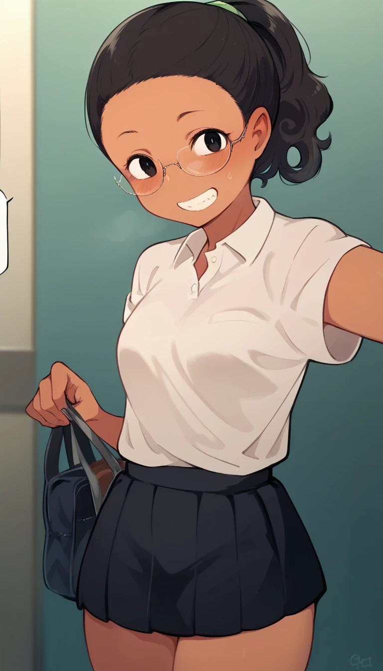 A girl of normal height, tanned girl dressed as a schoolgirl,  Wearing a ponytail, smiling, Short black curly hair, big ass and medium breasts looking from the front (( wearing glasses 