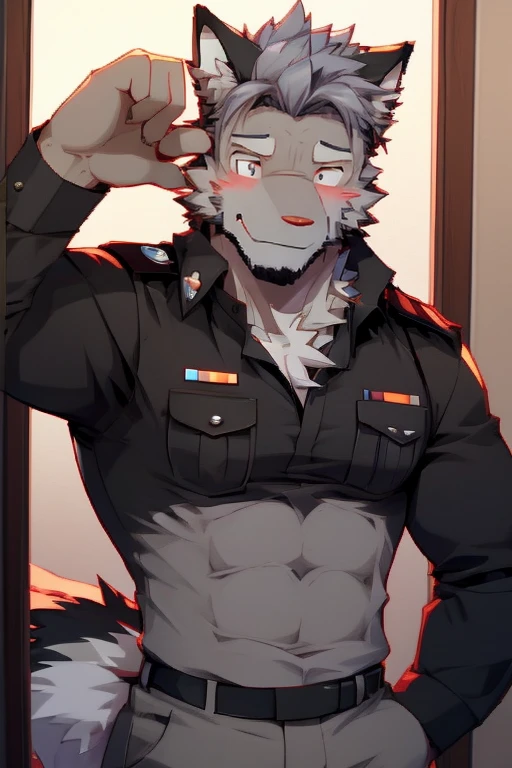 A Top body Picture And Right Side Picture of A Super Muscular Furry style Gray Wolf. he is wearing A Brown Police Outfit Uniform. he is standing in the background. blushes on his face, little spikey hair, little messy hair, gray hair, Ear Blush, Excited, Hands are in pocket, looking at the viewer, He have Long and fluff up tail. He have mostly gray furs, smiling, he have glint gray eyes, he is taking a selfie with his Phone in front of his mirror in his Very small bathroom