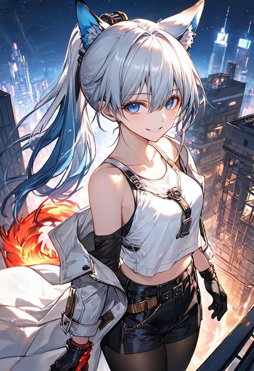 (uncensored), score_9, score_8_up, score_7_up,source_anime, high quality, exceptional, best quality, perfect hand, 1 girl, (solo), looking at viewer, detailed face, detailed eyes, grin, ((her right eye is glowing, red fire)), (((ponytail))), (dark), ((white crop top)), ((black tights)) , (middle size breasts), (((wearing designed white long coat))), (((black short pants, g-string panties))), ((leather gloves)), ((standing on the edge of a building, night)), (feixiao/honkai starrail), (beautiful white hair, gradation blue hair), blue eyes visible through hair, ((animal ears on the head, fox tail)), (cyberpunk), steampunk near future city, a lot of building