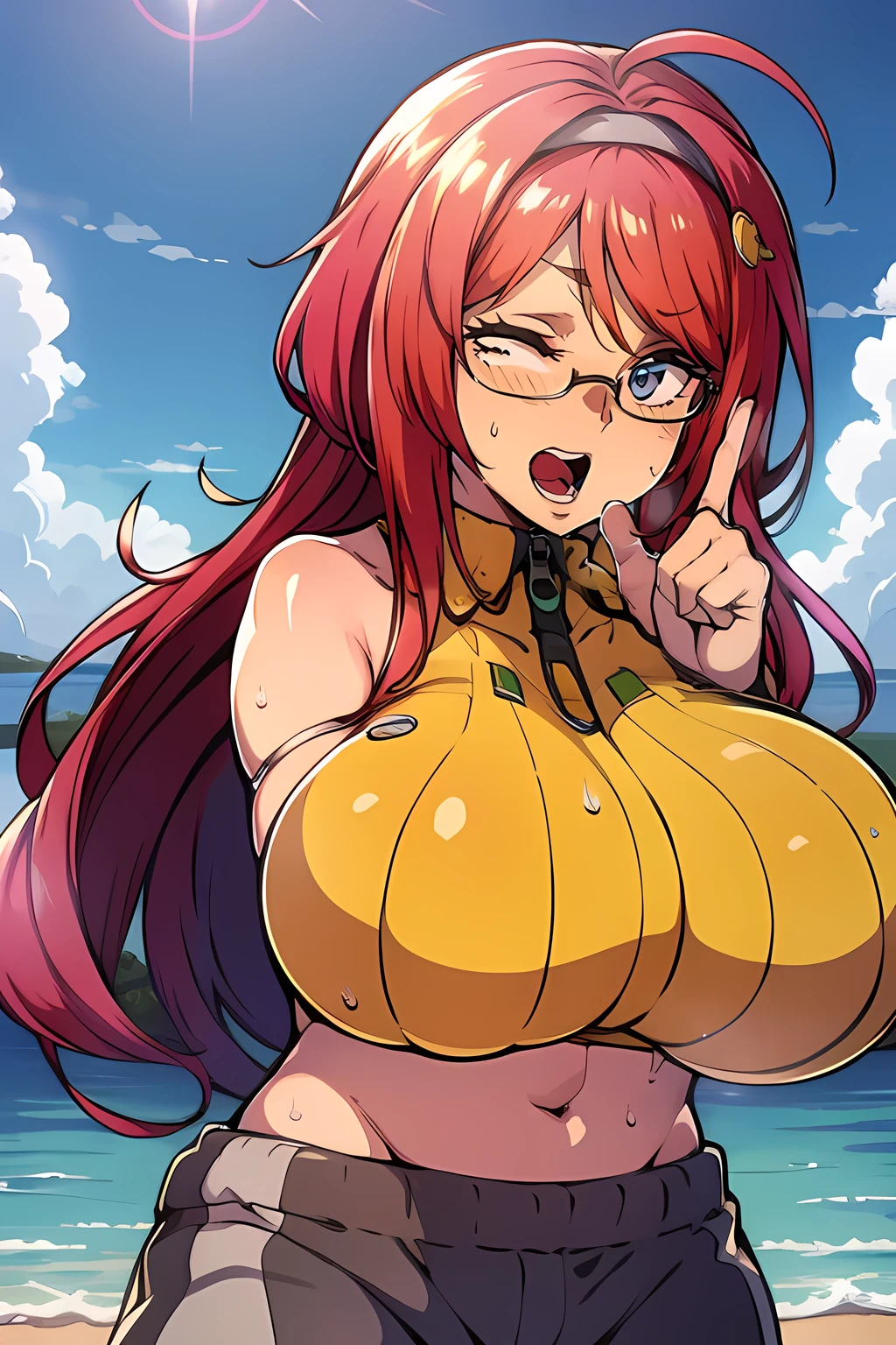 NSFW,,(hightquality、high-level image quality、masutepiece、4K,8K:1.1),Best Quality, High resolution, 1girl in,(Phyllis syrup,eye glass、One nipple,Long hair,Hair Band:1),(Oppai challenge,flashing:1.4)、(,Huge breasts:1.4),Put your hands on your chest, Black Bikini, (the beach:1.3), (;D,Finger to mouth, show off nipple,blush:1.4),