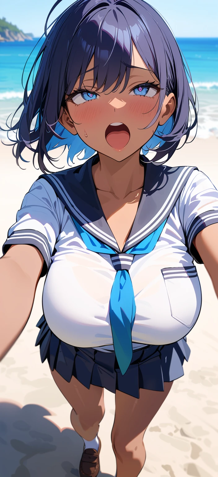 (Top quality masterpiece:1.5), Super detailed, High resolution, 8k, Beautiful details, 超High resolution, 1 cute girl, Brown skin girl, Dark blue hair, blue gray eyes, Short Hair,Beach, Well-tanned skin, ahegao, excited, school uniform, Big Breasts, 