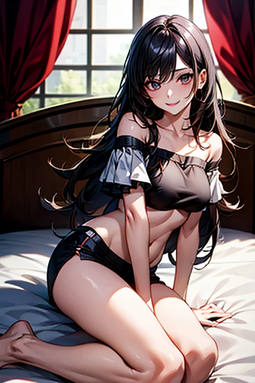 score_9, score_8_up, score_7_up, source anime,
masterpeice, best quality, very aesthetic, absurdres, official art, anime,
perfect anatomy, good hands,
BREAK
1girl, solo, long_hair, breasts, smile, black_hair, navel, medium_breasts, sitting, barefoot, off_shoulder, crop_top, bed, underboob,