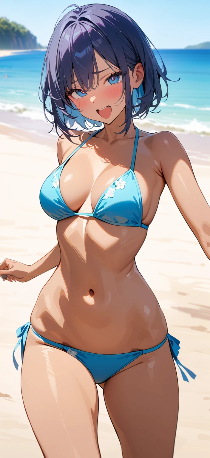 professional: step by step, final result god level: "Videl, solo 1girl, cowboy shot, full body, cute symmetrical face, realistic woman, Highly Detailed, Masterpiece, Best Quality, spiked hair, Looking at viewer, blue eyes, 15% dark blue mini bikini, Beach, intricate details"