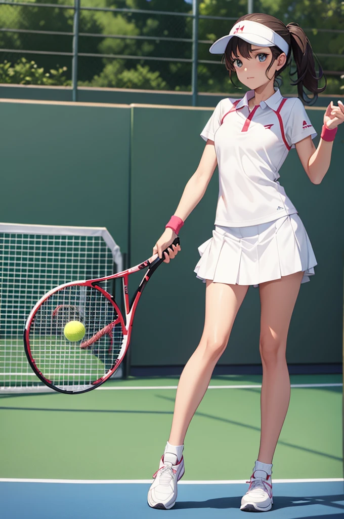 24 year old Japanese woman、Black Hair、Iris、Sexy proportions、Cleavage Emphasis、Professional tennis player、Sun visor、ponytail、Holding a tennis racket、Put the wristband on your wrist、Micro Mini Skirt、
