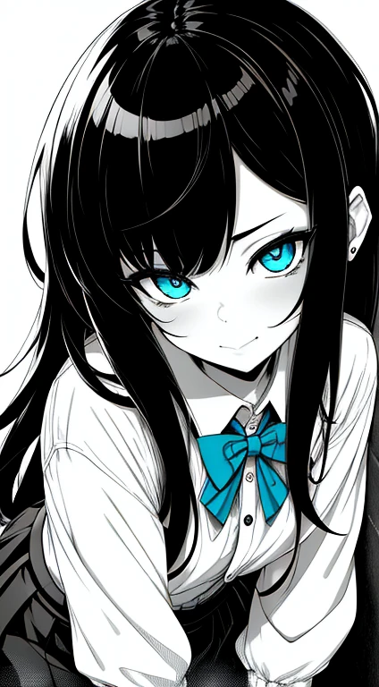 White background, Grayscale ,(Line art:1.2), Bowtie, Black Hairバンド, Black Skirt, woman, Collared shirt  ,(blue eyes:1.2),  sketch, Monochrome, Blue and Black ,squint、Stranger、See others、Ahegao , Stupid,Sexual intoxication,Drunk Eyes,Straight bangs, Black Hair, (Beautiful eyes, delicately crafted: 1.2), (Detailed Background,Dark fantasy), (Beautiful detailed face), High Contrast, (Best lighting, Very delicate and beautiful), ((Cinematic Light)), colorful, Hyper Detail, Dramatic light,