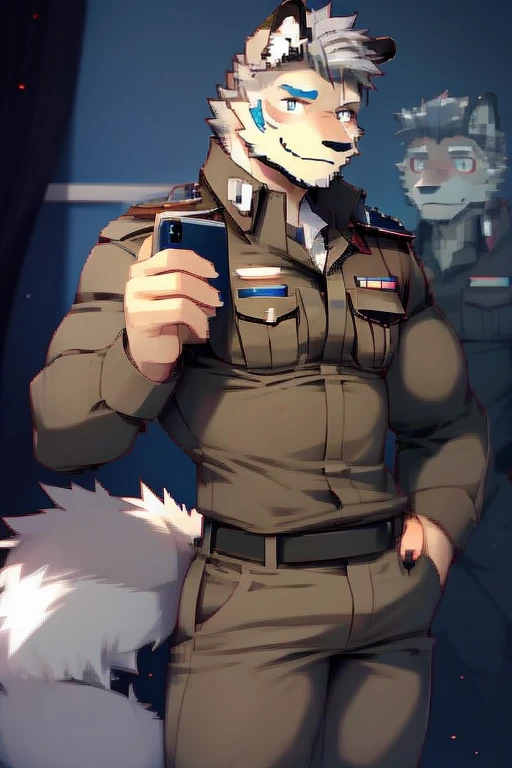 A Top body Picture And Right Side Picture of A Super Muscular Furry style Gray Wolf. he is wearing A Brown Police Outfit Uniform. he is standing in the background. blushes on his face, little spikey hair, little messy hair, gray hair, Ear Blush, Excited, Hands are in pocket, looking at the viewer, He have Long and fluff up tail. He have mostly gray furs, smiling, he have glint gray eyes, he is taking a selfie with his Phone in front of his mirror in his Very small bathroom