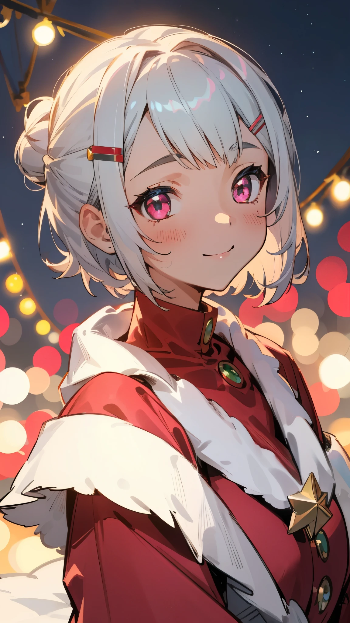 1 girl、Silver and bob short hairstyle、Hair in a bun with a hair clip、Glowing pink round eyes、smile、Upper body close-up、Christmas、Dressed as Santa Claus、Red and green based colors、Starry Sky、Night street lights background、Sharp contours