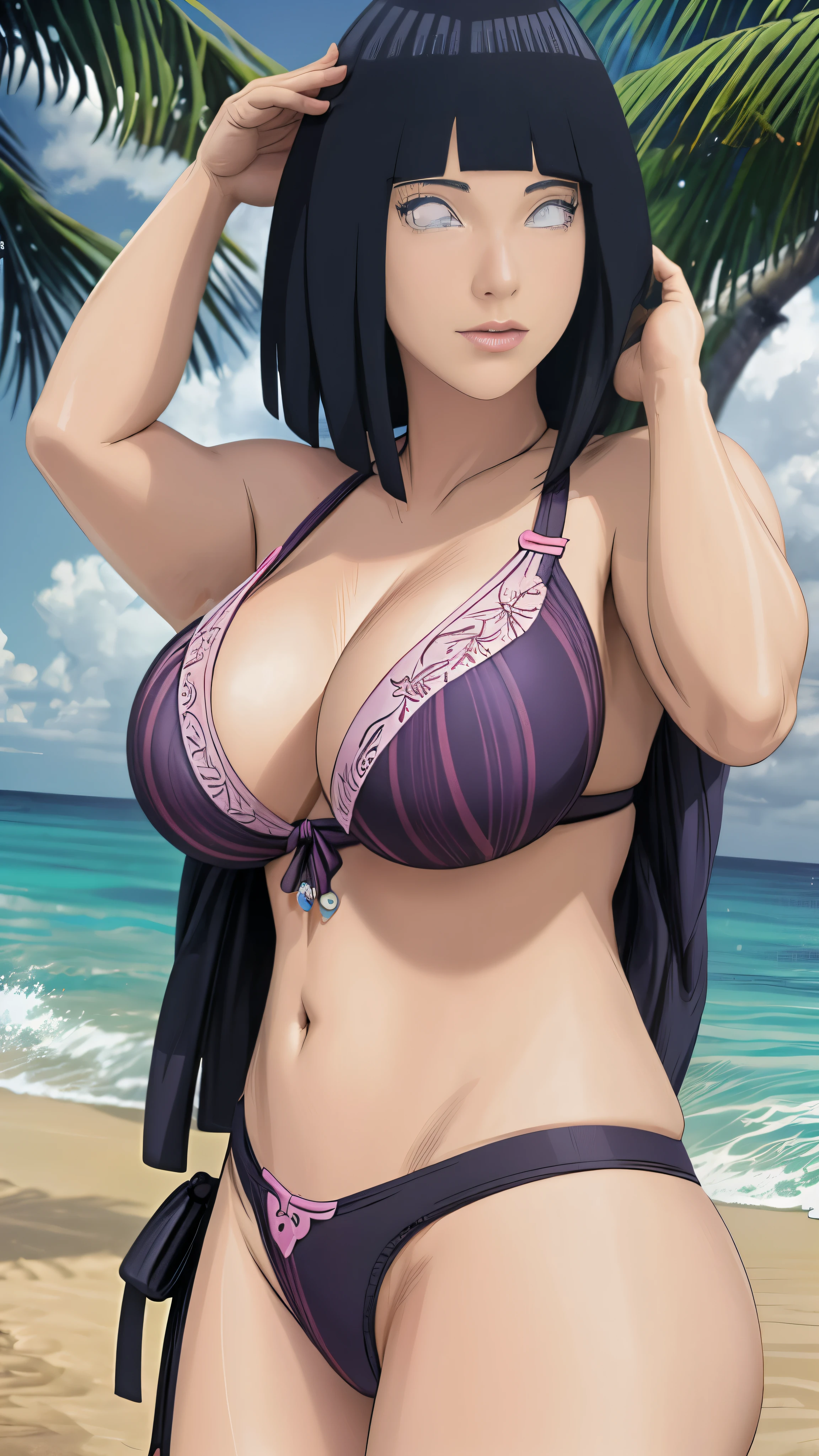 masterpiece, absurdres , (intricate details), (colorful),cinematic lighting,bust shot,extremely detailed CG unity 8k wallpaper,hinata\(boruto), huge breast, wear A Bikini, At Beach.