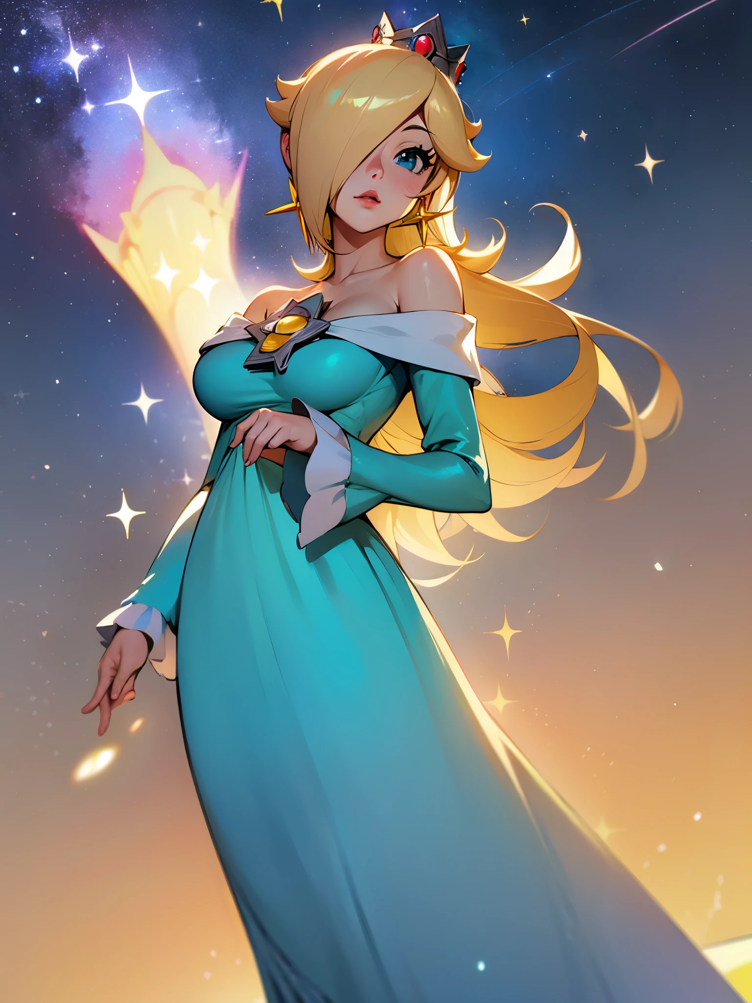 princesa rosalina, blue dress, big breasts, adult body, starry sky, semblante angelical
