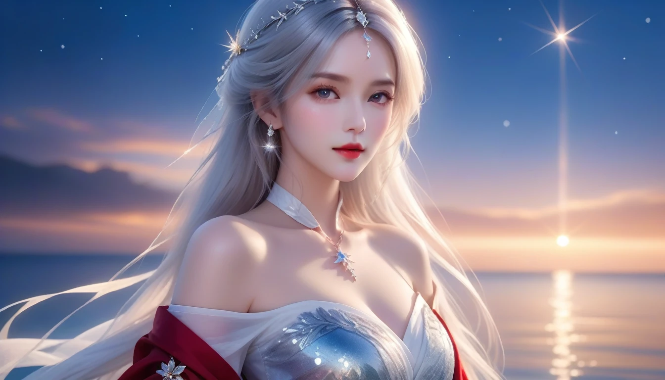 A Masterpiece in 32K Resolution, Peerless Quality, Magnificently Detailed, Official Art, Heavenly 32K Wallpaper, Beautiful and Captivating, Ultra-Focused Features, Astounding Detail, Dutch Angle, Semi-Realistic, Icy Coastline at Twilight. (One Woman, Solitary) (Snow-White Hair: 1.3, Long and Flowing Silken Hair) (She Is Draped in Seductive, Sheer Fabric), ((Off-the-shoulder, Highlight Her Ample Breasts, Ruby Pendant)) (Enticing Cleavage) (Glorious Starry Sky, Magical Night, Floating Particles of Light Surround Her). The Scene Captures Her Ethereal Beauty in Full Splendor, With the Glittering Waters Adding Depth and Tranquility, Amplified by Soft, Radiant Lighting That Reveals Every Striking Detail. Her Exquisite, Perfectly Proportioned Face Shines Against the Calm Waters, Echoing Her Timeless Elegance in This Amazingly Realistic, Breathtaking Scene.