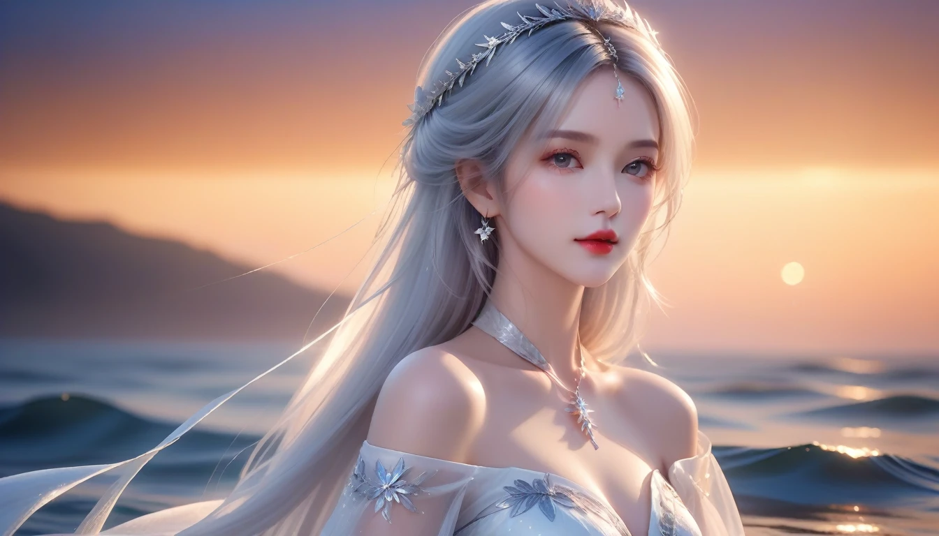 A Masterpiece in 32K Resolution, Peerless Quality, Magnificently Detailed, Official Art, Heavenly 32K Wallpaper, Beautiful and Captivating, Ultra-Focused Features, Astounding Detail, Dutch Angle, Semi-Realistic, Icy Coastline at Twilight. (One Woman, Solitary) (Snow-White Hair: 1.3, Long and Flowing Silken Hair) (She Is Draped in Seductive, Sheer Fabric), ((Off-the-shoulder, Highlight Her Ample Breasts, Ruby Pendant)) (Enticing Cleavage) (Glorious Starry Sky, Magical Night, Floating Particles of Light Surround Her). The Scene Captures Her Ethereal Beauty in Full Splendor, With the Glittering Waters Adding Depth and Tranquility, Amplified by Soft, Radiant Lighting That Reveals Every Striking Detail. Her Exquisite, Perfectly Proportioned Face Shines Against the Calm Waters, Echoing Her Timeless Elegance in This Amazingly Realistic, Breathtaking Scene.