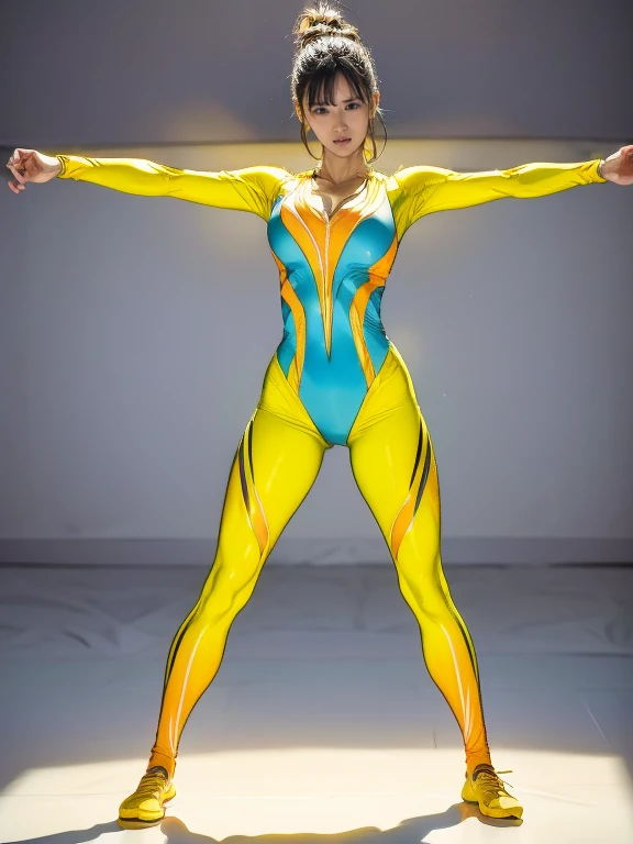 Full Body Shot, Very detailed, The costumes were inspired by rhythmic gymnastics、8k, Actual Photos, Impressive lighting, Dynamic action poses, Great energy effect,Yellow and orange color palette, Simple costume design, Advanced Technology, Heroic and powerful, The background is gray、Standing cool。