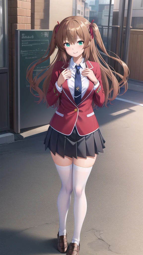 ((masterpiece)),(best quality),official art,extremely delicate and beautiful,extremely detailed CG,unity 8k wallpaper,ultra detailed,beautiful detailed eyes,extremely detailed face,outdoors,1girl,solo,cowboy shot,looking at viewer,facing viewer,smile,Tomizawa Erisu,long hair,brown hair,twintails,two side up,hair ribbon,red ribbon,sidelocks,hair between eyes,bangs,green eyes,school uniform,red jacket,blazer,buttons,blue necktie,collared shirt,white shirt,large breasts,long sleeves,miniskirt,black skirt,pleated skirt,zettai ryouiki,black thighhighs,loafers,brown footwear,