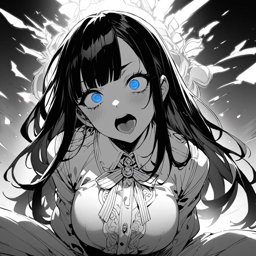 White background, Grayscale ,(Line art:1.2), Bowtie, Black Hairバンド, Black Skirt, woman, Collared shirt  ,(blue eyes:1.2),  sketch, Monochrome, Blue and Black ,squint、Stranger、See others、Ahegao , Stupid,Sexual intoxication,Drunk Eyes,Straight bangs, Black Hair, (Beautiful eyes, delicately crafted: 1.2), (Detailed Background,Dark fantasy), (Beautiful detailed face), High Contrast, (Best lighting, Very delicate and beautiful), ((Cinematic Light)), colorful, Hyper Detail, Dramatic light,