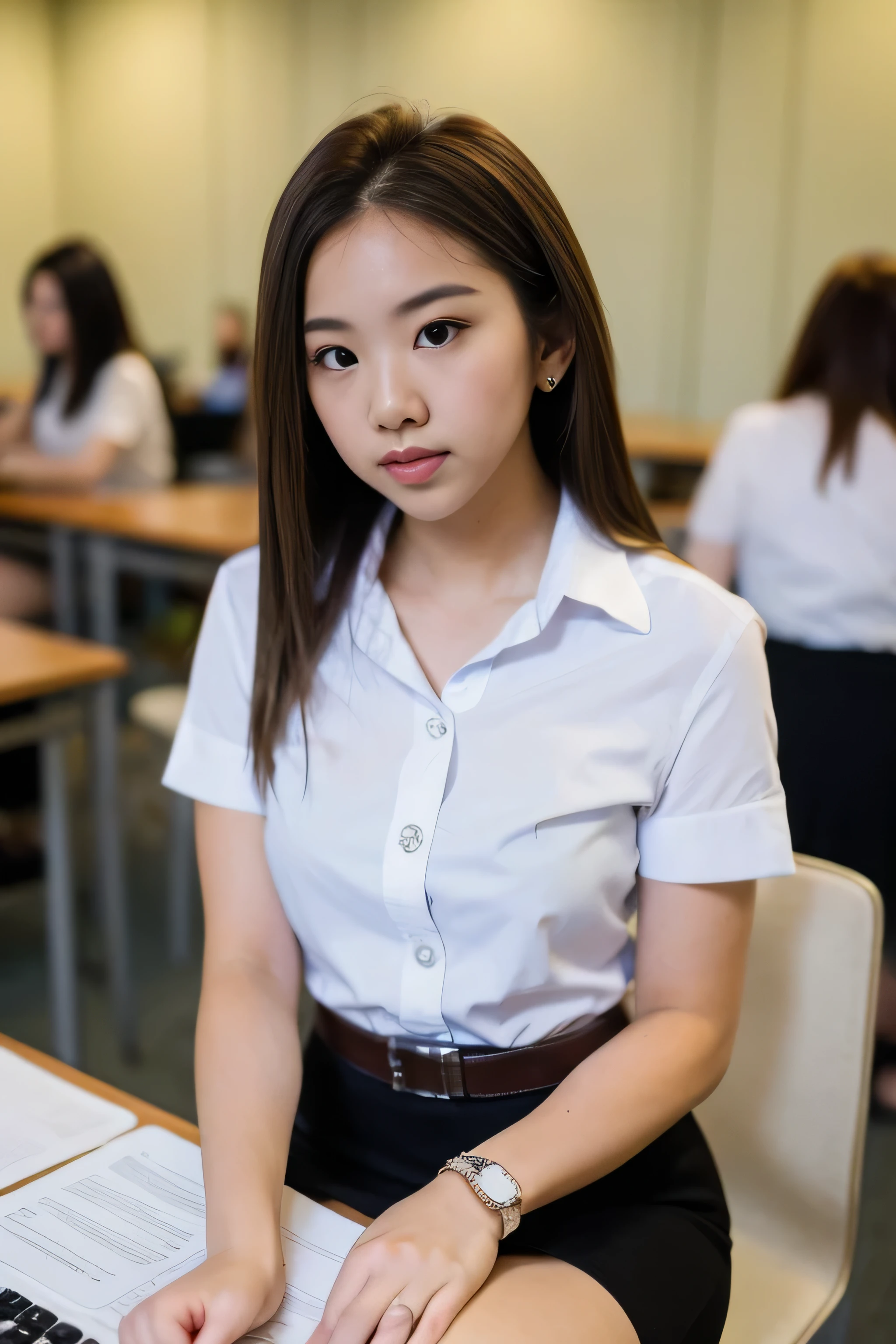 a young woman sitting at an office desk, holding a pen and writing on a document. She has long brown hair, is wearing a Thai university uniform white button-up blouse with short sleeves and a black skirt. The setting is a modern, well-lit office with a computer monitor in the background, some office supplies like colorful pens placed behind her, and a professional yet relaxed atmosphere.