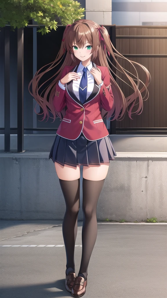 ((masterpiece)),(best quality),official art,extremely delicate and beautiful,extremely detailed CG,unity 8k wallpaper,ultra detailed,beautiful detailed eyes,extremely detailed face,outdoors,1girl,solo,cowboy shot,looking at viewer,facing viewer,smile,Tomizawa Erisu,long hair,brown hair,twintails,two side up,hair ribbon,red ribbon,sidelocks,hair between eyes,bangs,green eyes,school uniform,red jacket,blazer,buttons,blue necktie,collared shirt,white shirt,large breasts,long sleeves,miniskirt,black skirt,pleated skirt,zettai ryouiki,black thighhighs,loafers,brown footwear,