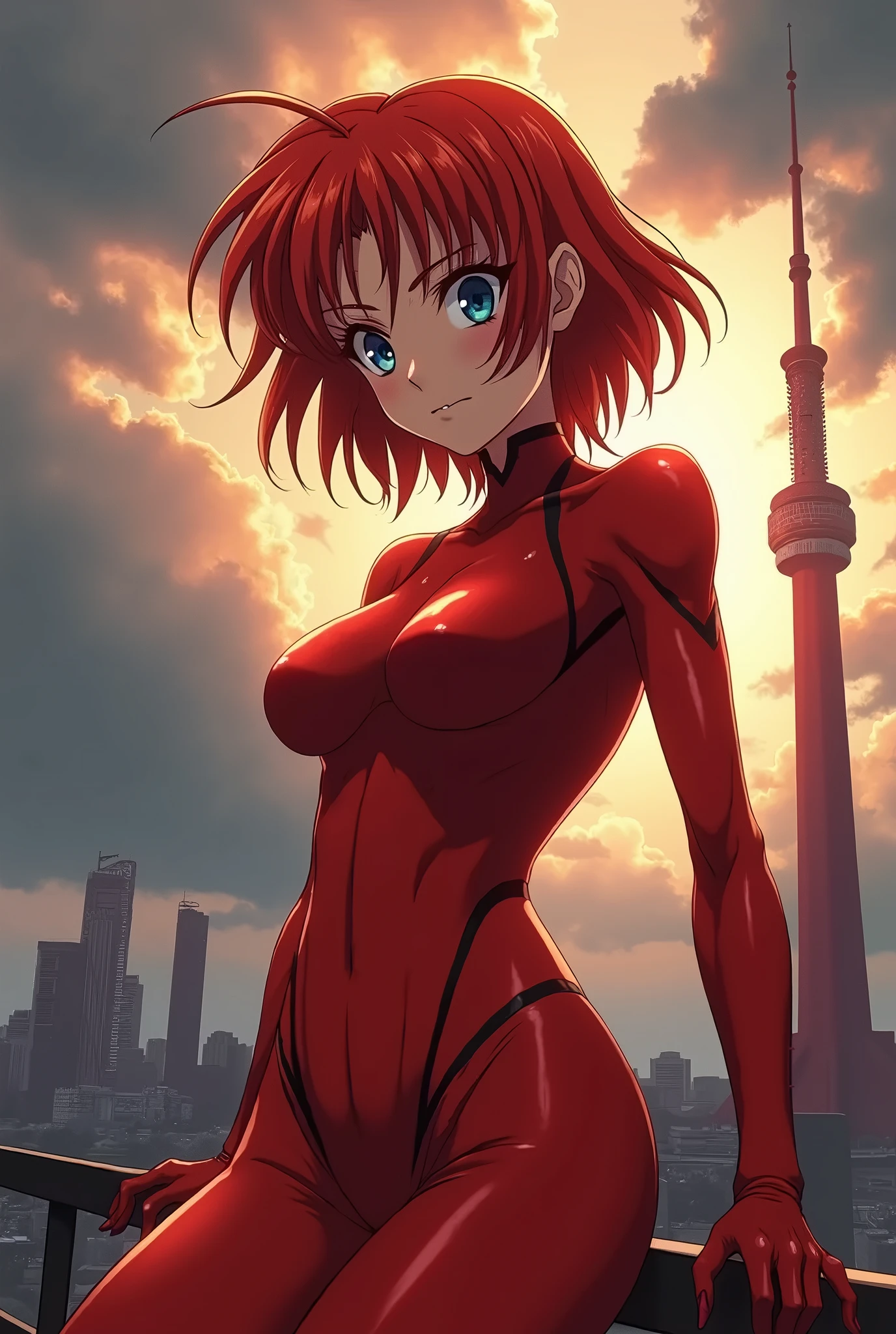 nude eighteen--old ly Ringwald, facing the viewer, smirking sinisterly, soaking wet, with messy/shaggy razored/layered haircut with sideswept bangs, walking away from burning building at night, scene from 90s anime, highest quality, Evangelion art style, art by Yoshiyuki Sadamoto, anti-heroine, edgy, pupils glowing red, dark, fiery background, underlit foreground